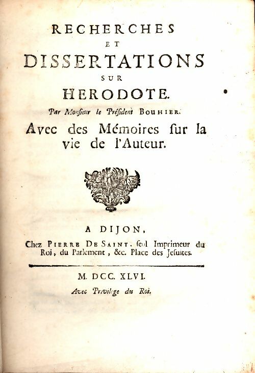 Recherches et dissertations sur Hérodote - Bouhier -  De Saint GF - Livre