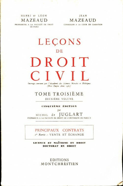 Leçons de droit civil : Tome III Deuxième volume. Principaux contrats - Collectif -  Montchrestien GF - Livre