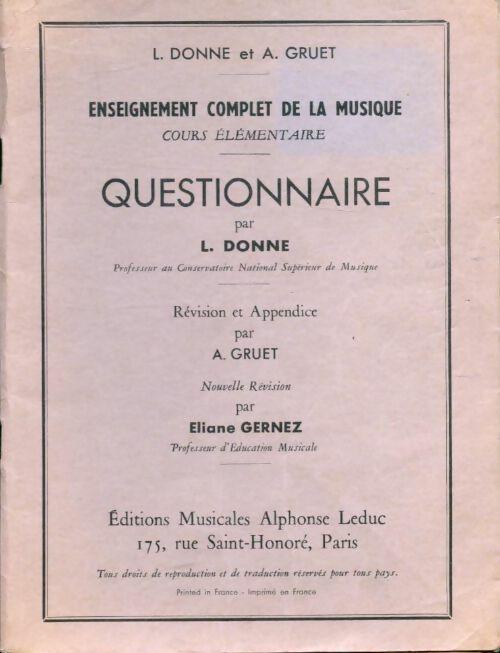 Enseignement complet de la musique. Questionnaire - L. Donne -  Leduc's Poche - Livre