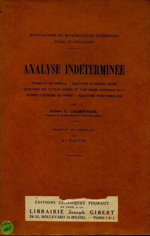 Analyse indéterminée - Robert D. Carmichael -  PUF GF - Livre