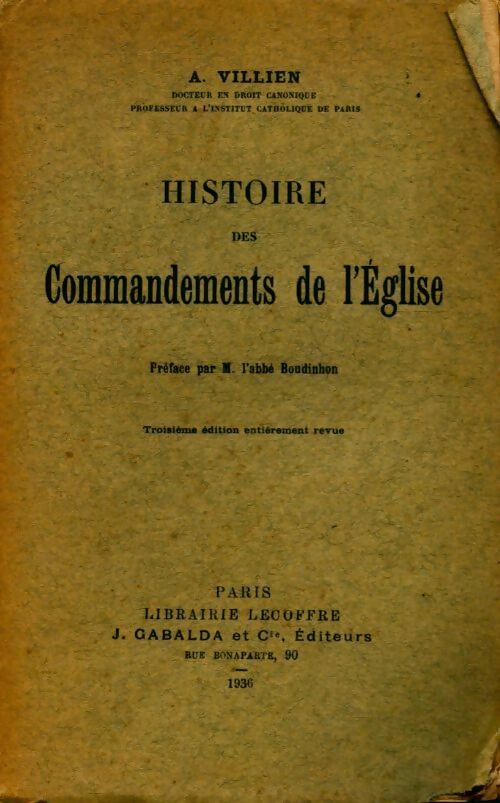 Histoire des commandements de l?église - A. Villien -  Lecoffre Poche divers - Livre