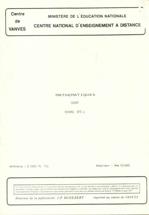 Mathématiques niveau BTS 1 - Collectif -  CNED GF - Livre