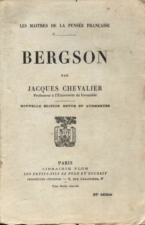 Bergson - Jacques Chevalier -  Plon GF - Livre