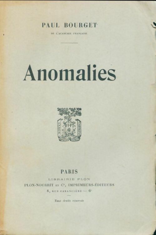 Anomalies - Paul Bourget -  Plon poches divers - Livre