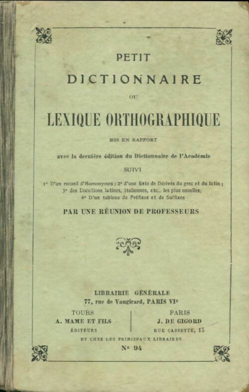 Petit dictionnaire ou lexique orthographique - Collectif -  Mame poche - Livre