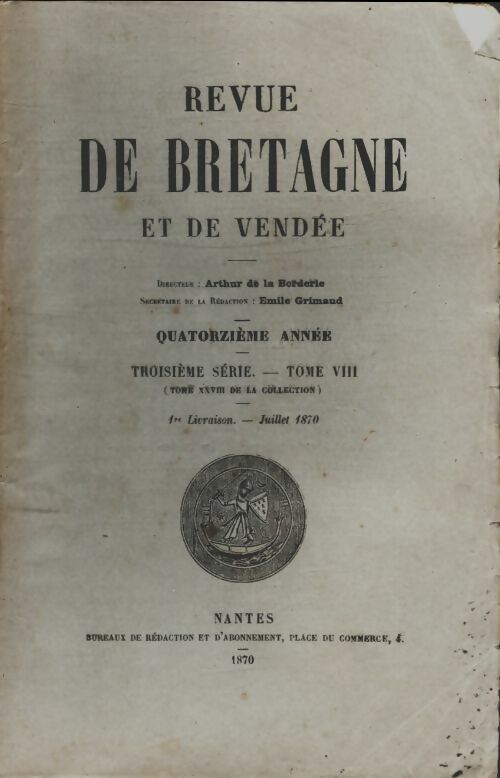 Revue de Bretagne et de Vendée 14e année 3e série Tome VIII 1ère livraison - Collectif -  Revue de Bretagne et de Vendée - Livre