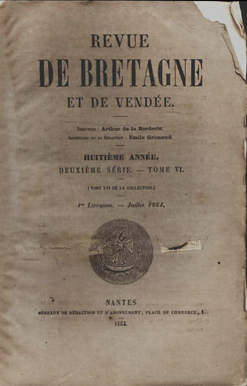 Revue de Bretagne et de Vendée 8e année 2e série Tome VI 1re livraison - Collectif -  Revue de Bretagne et de Vendée - Livre