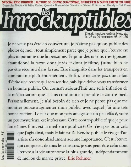 Les inRockuptibles n°166 : Erich Rohmer - Collectif -  Les inRockuptibles - Livre