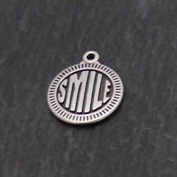Perle breloque pastille en métal Ø15mm gravée SMILE couleur argent (x 1)
