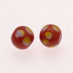 Perle en verre ronde Ø12mm Tricolore Rouge / Blanc / Jaune (x 2)