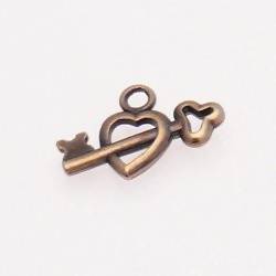 Perle breloque en métal forme coeur + clé 15x20mm couleur vieil or (x 1)