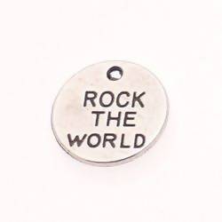 Perle métal médaillon gravé «ROCK THE WORLD» couleur Argent (x 1)