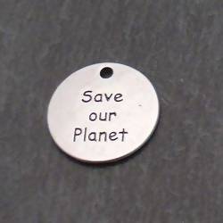 Perle métal médaillon gravé «Save our Planet» couleur Argent (x 1)
