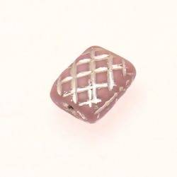 Perle en verre forme rectangle 21x16mm strié couleur rose et filets argent (x 1)